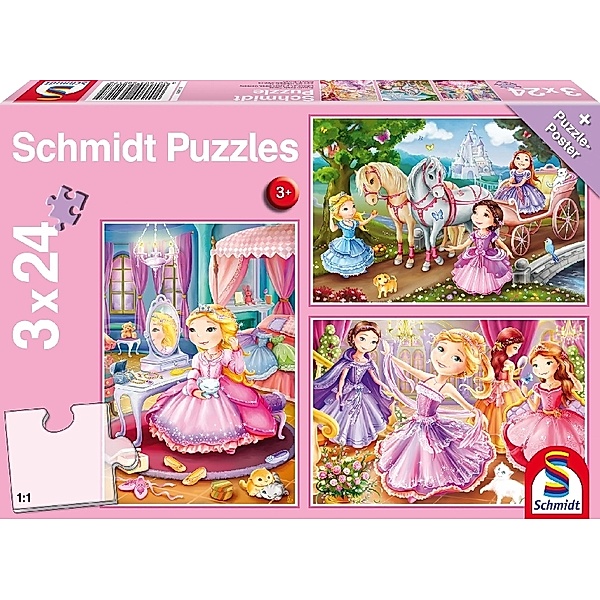 SCHMIDT SPIELE Schmidt Puzzle 3x24 - Märchenhafte Prinzessin (Kinderpuzzle)