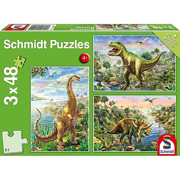 SCHMIDT SPIELE Schmidt Puzzle 3x48 - Abenteuer mit den Dinosauriern (Kinderpuzzle)