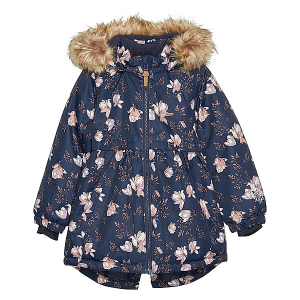 Minymo Schneejacke FLOWERS mit Kunstfellbesatz in parisian night