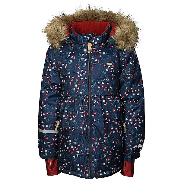 Minymo Schneejacke HERRINGBONE BLUMENRANKEN mit Kunstfellbesatz in navy/rot