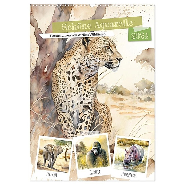 Schöne Aquarelle. Darstellungen von Afrikas Wildtieren (Wandkalender 2024 DIN A2 hoch), CALVENDO Monatskalender, Rose Hurley