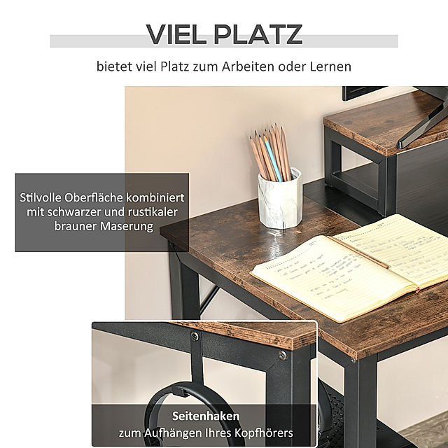 Schreibtisch 2-stufiges Design mit abnehmbarem, erhöhtem Monitorständer,  Aufhängen von Kopfhörern | Weltbild.de