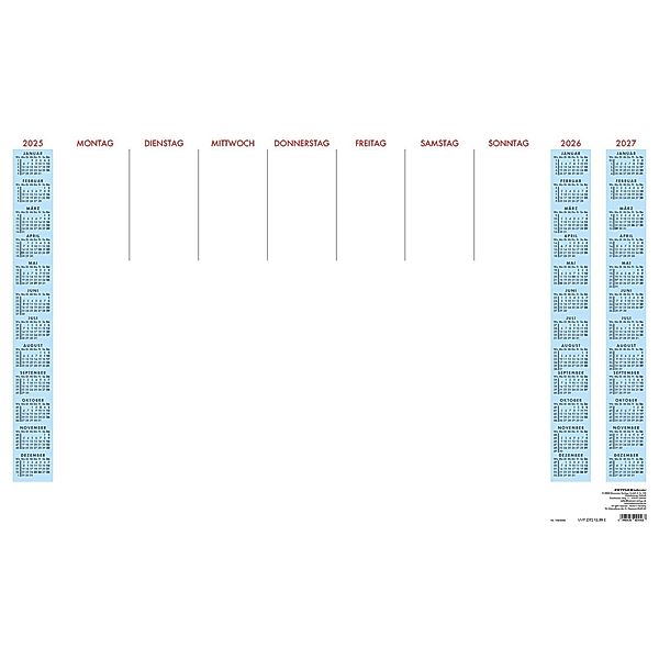 Schreibunterlage 2025 - 59,5x37 cm - 1 Woche auf 1 Blatt - 36 Blatt, mit Kartonunterlage - mit Dreijahresübersicht auf jedem Blatt - 108-0000
