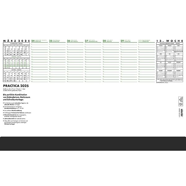 Schreibunterlage Practica 2025 - 59,5x37 cm - 1 Woche auf 1 Blatt - 52 Blatt, mit stabiler Kartonunterlage - inkl. schwarzer Schutzleiste - 102-1020