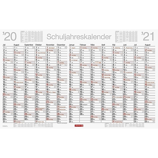 Schuljahreskalender, Wandkalender, 2020/2021