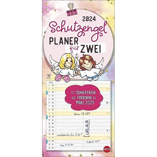 Schutzengel Planer für zwei 2024. Wandplaner für 2. Partnerkalender mit 2 Spalten. Terminkalender mit niedlichen Cartoon-Engeln. Wandkalender für 2 Personen.