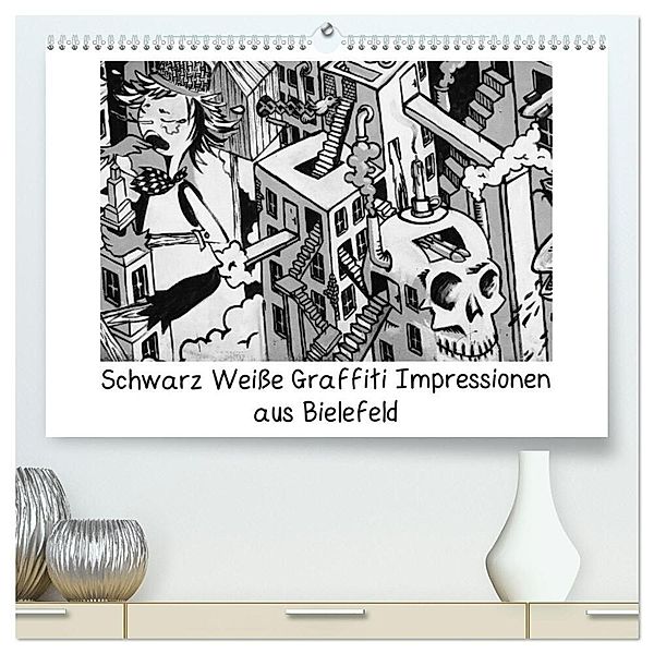 Schwarz Weisse Graffiti Impressionen aus Bielefeld (hochwertiger Premium Wandkalender 2024 DIN A2 quer), Kunstdruck in Hochglanz, Kurt Schwarzer