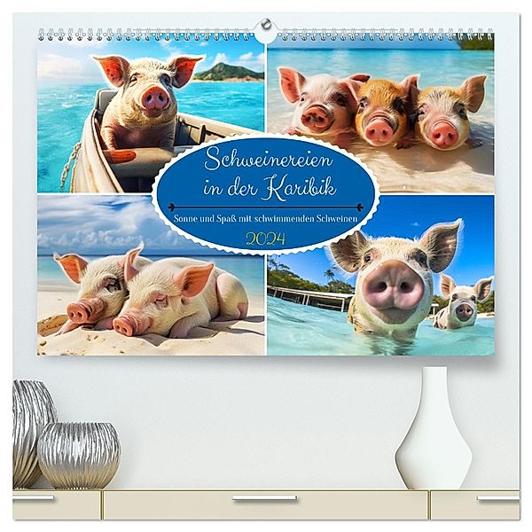 Schweinereien in der Karibik. Sonne und Spass mit schwimmenden Schweinen (hochwertiger Premium Wandkalender 2024 DIN A2 quer), Kunstdruck in Hochglanz, Calvendo, Rose Hurley