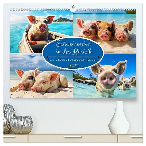Schweinereien in der Karibik. Sonne und Spass mit schwimmenden Schweinen (hochwertiger Premium Wandkalender 2025 DIN A2 quer), Kunstdruck in Hochglanz, Calvendo, Rose Hurley