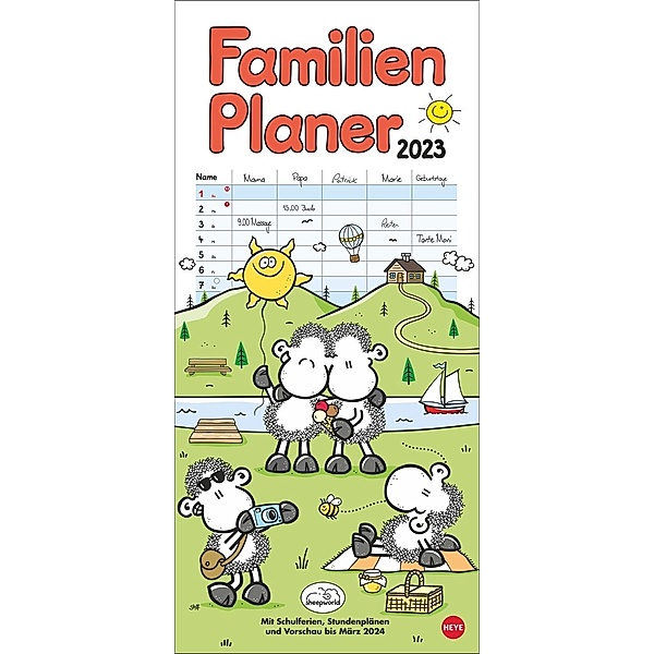 sheepworld Familienplaner 2023. Familienkalender mit 5 Spalten. Liebevoll illustrierter Familien-Wandkalender mit Schulf