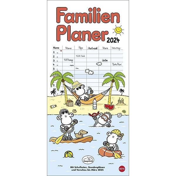 sheepworld Familienplaner 2024. Familienkalender mit 5 Spalten. Liebevoll illustrierter Familien-Wandkalender mit Schulferien und Stundenplänen.