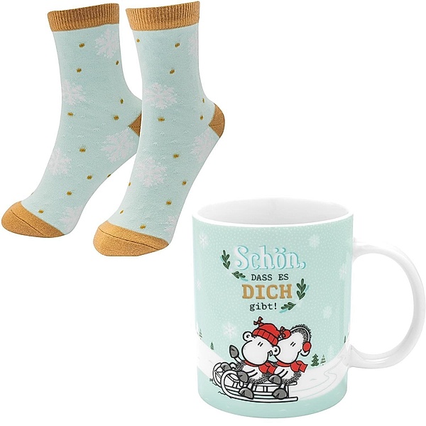 Sheepworld Tassen-Socken-Set bestehend aus einer Tasse mit Motivdruck: Schön, dass es dich gibt! und einem Paar Socken in Grösse 36-40