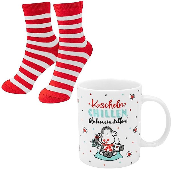 Sheepworld Tassen-Socken-Set bestehend aus einer Tasse mit Motivdruck: Kuscheln, Chillen, Glühwein killen! und einem Paar Socken in Grösse 36-40