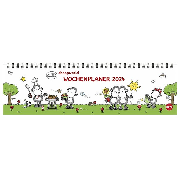 sheepworld Wochenquerplaner 2024. Praktischer Tischquerkalender mit Spiralbindung und niedlichen Schaf-Cartoons. Liebevoll illustrierter Tisch-Kalender.