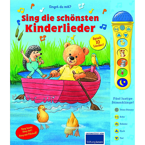 Sing die schönsten Kinderlieder - Mikrofonbuch - Pappbilderbuch mit abnehmbarem Mikrofon mit 5 lustigen Stimmklängen und 10 Melodien