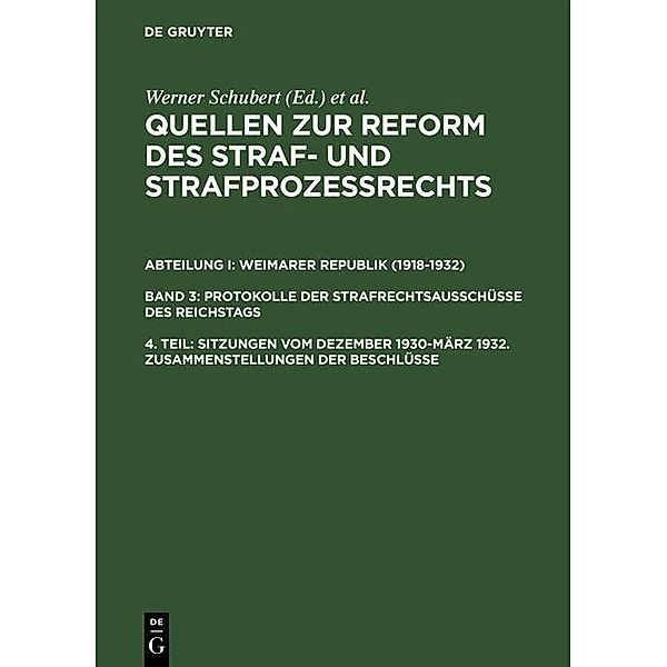 Sitzungen vom Dezember 1930-März 1932. Zusammenstellungen der Beschlüsse