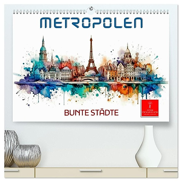 Skylines - bunte Städte (hochwertiger Premium Wandkalender 2024 DIN A2 quer), Kunstdruck in Hochglanz, Peter Roder