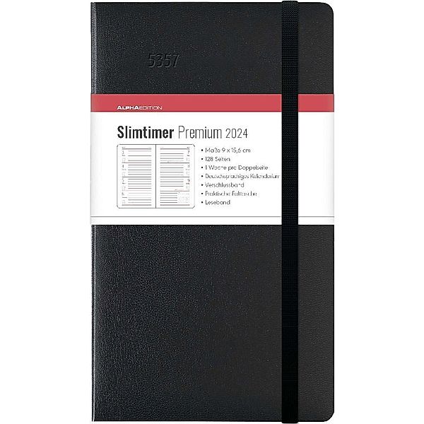 Slimtimer Premium Black 2024 - Taschen-Kalender 9x15,6 cm - mit Verschlussband & Falttasche - Balacron Einband - Weekly - 128 Seiten - Alpha Edition