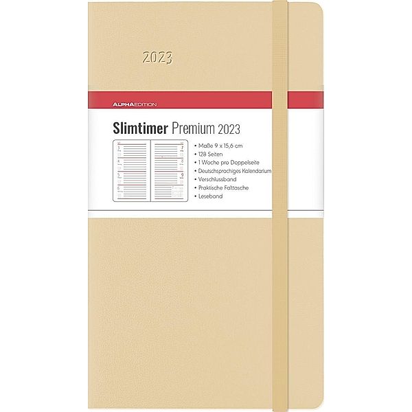 Slimtimer Premium Cream 2023 - Taschen-Kalender 9x15,6 cm - mit Verschlussband & Falttasche - Balacron Einband - Weekly