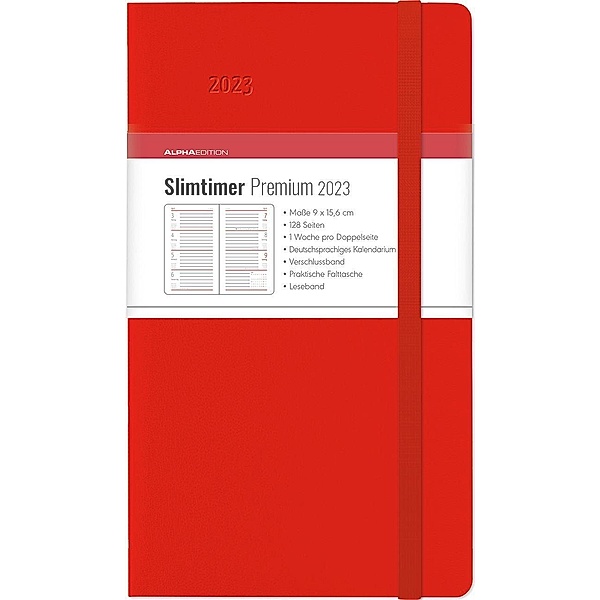 Slimtimer Premium Red 2023 - Taschen-Kalender 9x15,6 cm - mit Verschlussband & Falttasche - Balacron Einband - Weekly -