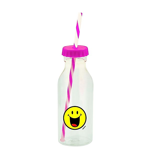 Smiley Sodaflasche mit Strohhalm, pink, 550 ml