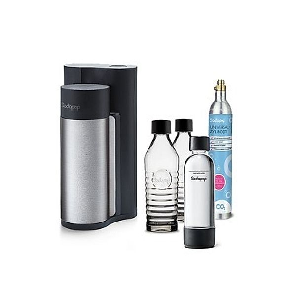 SODAPOP Wassersprudler Harold, silber/schwarz, 2x Glaskaraffen, 1x PET Flasche, CO2 Zylinder