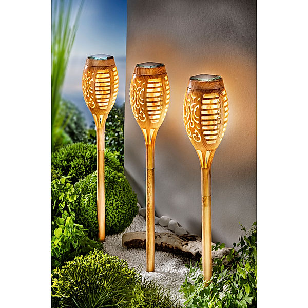 Solar-Gartenstecker Bamboo Flame mit Balkonhalterung, 3er-Set