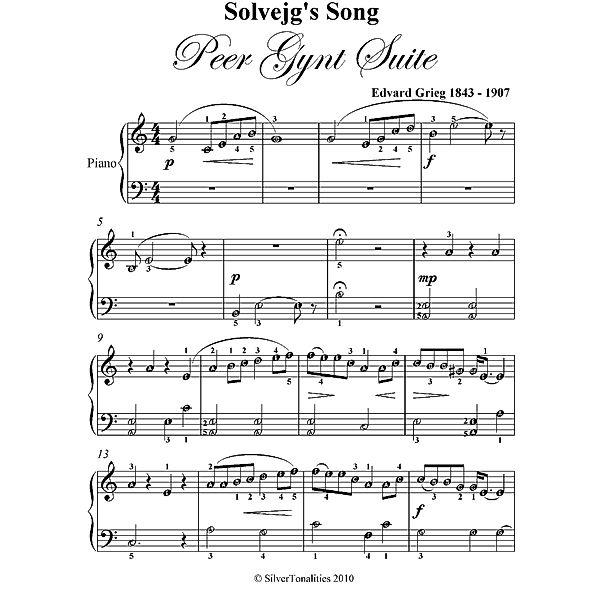 Solvejg’s Song Peer Gynt Suite Easy Piano Sheet Music, Silver Tonalities