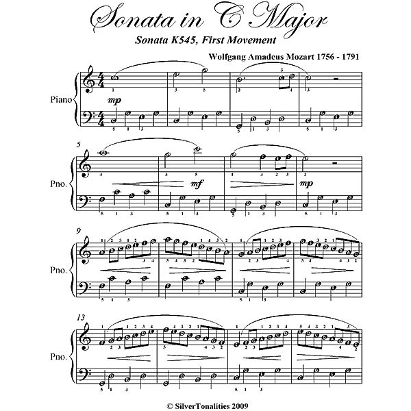 Sonata In C Major Sonata K545 First Movement Easiest Piano Sheet Music, Wolfgang Amadeus Mozart