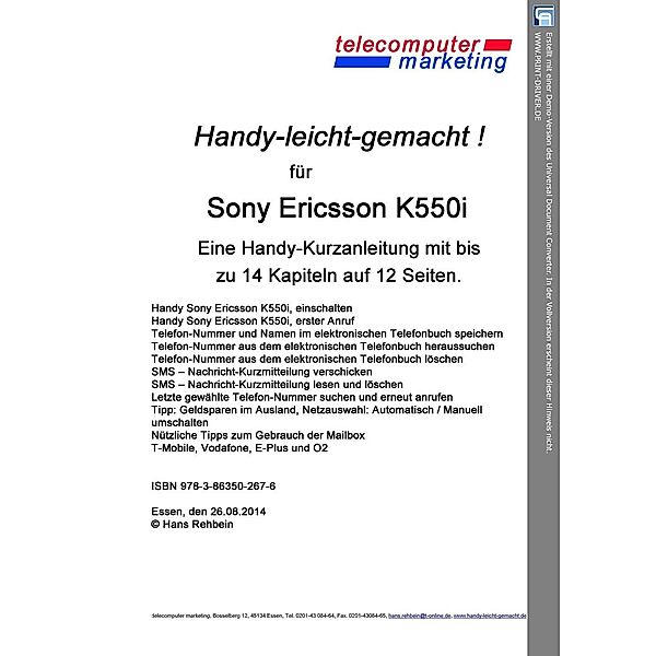 Sony Ericsson K550i leicht-gemacht, Hans Rehbein