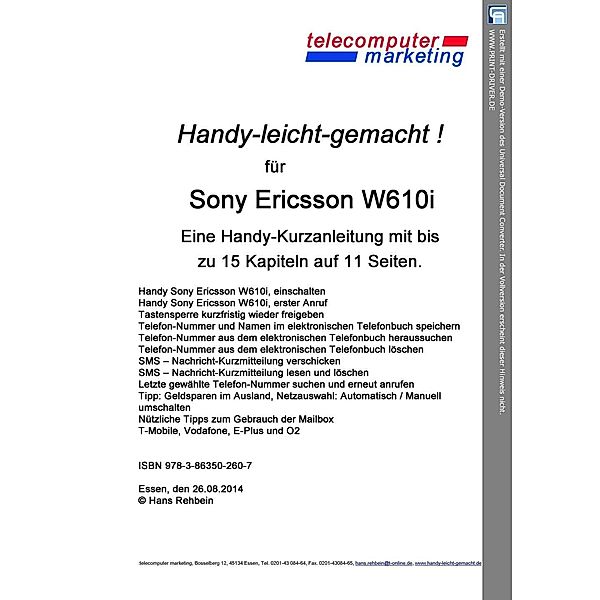 Sony Ericsson W610i-leicht-gemacht, Hans Rehbein