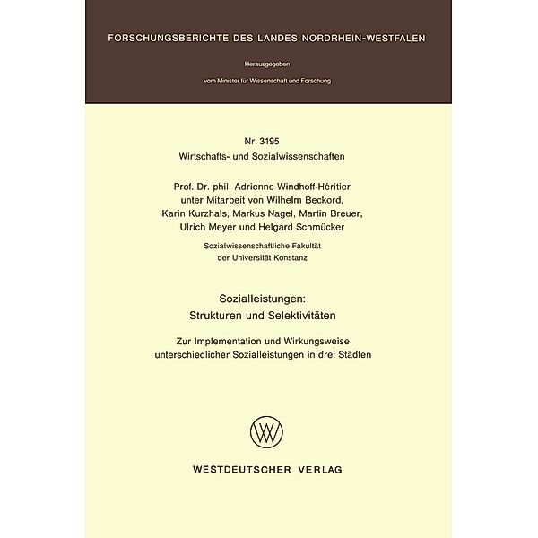 Sozialleistungen: Strukturen und Selektivitäten / Forschungsberichte des Landes Nordrhein-Westfalen Bd.3195, Adrienne Windhoff-Héritier