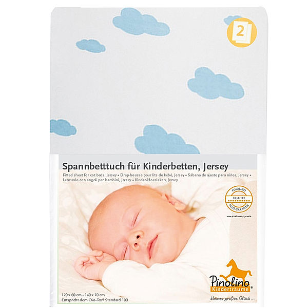 Pinolino Spannbetttücher Wölkchen 2er-Pack (70x140cm) für Kinderb. (Farbe: hellblau/weiß)