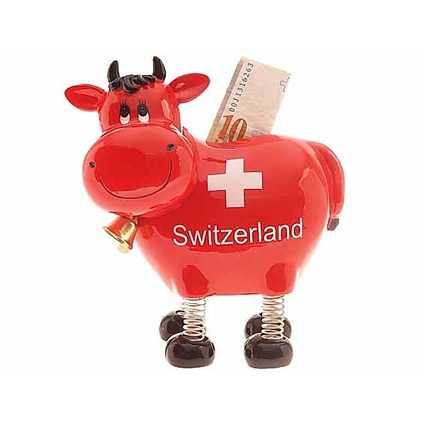 Sparkasse Kuh in Rot mit Schweizer Kreuz