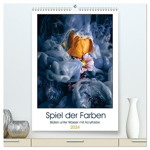Spiel der Farben - Blüten unter Wasser mit Acrylfarben (hochwertiger Premium Wandkalender 2024 DIN A2 hoch), Kunstdruck in Hochglanz, Steffen Gierok ; Magic Artist Design