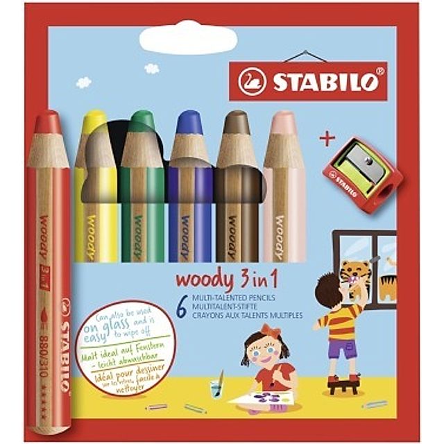 STABILO Woody 3 in 1, Multitalent-Stifte, 6er-Set inklusive Spitzer