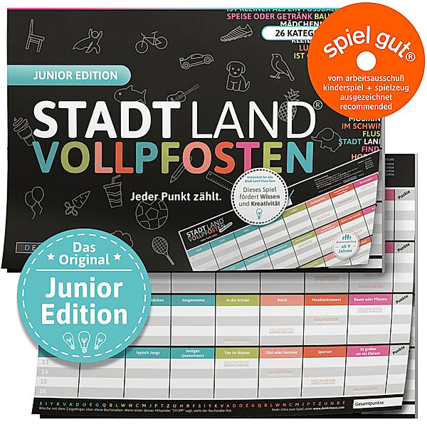 Stadt Land Vollpfosten - Denkriesen - Stadt Land Vollpfosten® - Junior Edition - Jeder Punkt zählt. (Kinderspiel), Ricardo Barreto, Denis Görz