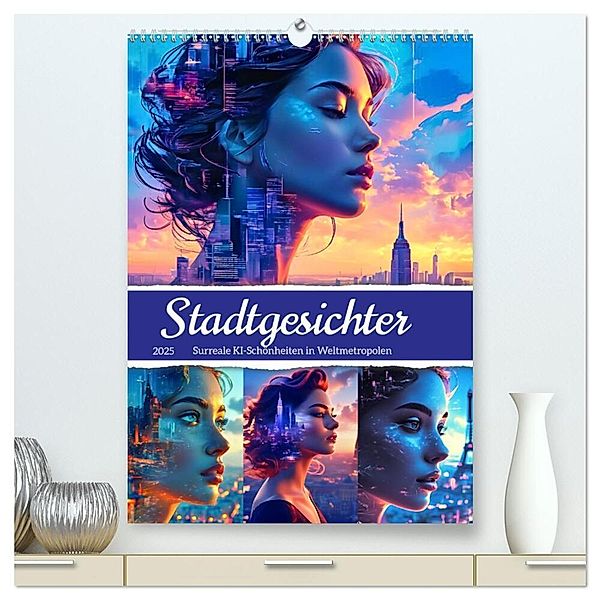 Stadtgesichter - Surreale KI-Schönheiten in Weltmetropolen (hochwertiger Premium Wandkalender 2025 DIN A2 hoch), Kunstdruck in Hochglanz, Calvendo, Katharina Stachanczyk