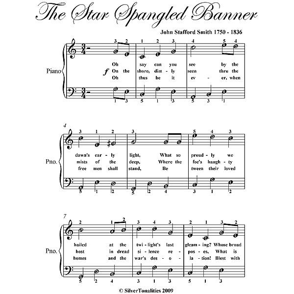 Star Spangled Banner Easy Piano Sheet Music, John Stafford Smith
