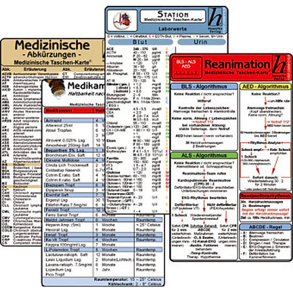 Stations Karten-Set - Laborwerte, Med. Abkürzungen, Medikamente - Haltbarkeit nach Anbruch, Reanimation