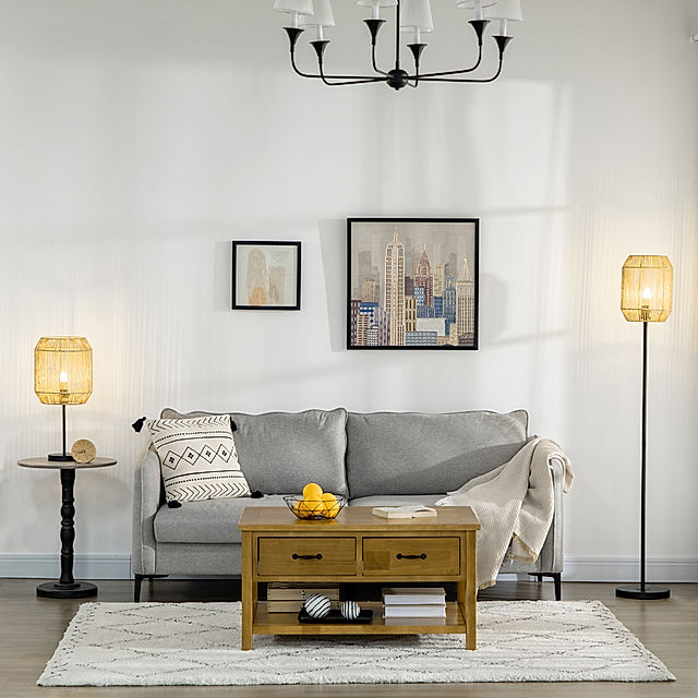Stehlampen-Set mit E27 Fassung schwarz, beige Farbe: schwarz, natur online  kaufen - Orbisana