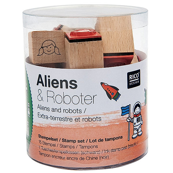 RICO DESIGN Stempel-Set ALIEN & ROBOTER 15er-Pack aus Holz