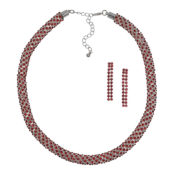 Steuer Modeschmuck Set Kette Ohrringe Metall Glasstein rot 46,0cm Glänzend
