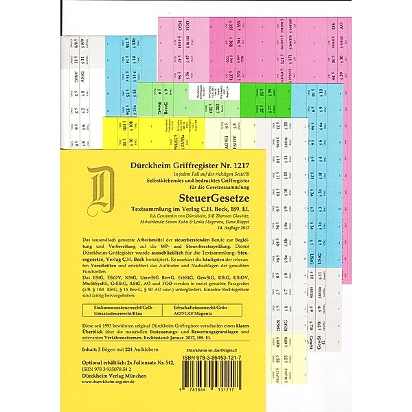 SteuerGesetze Griffregister Nr. 1217 (2017/2018), Thorsten Glaubitz, Constantin von Dürckheim, Elena Rüppel