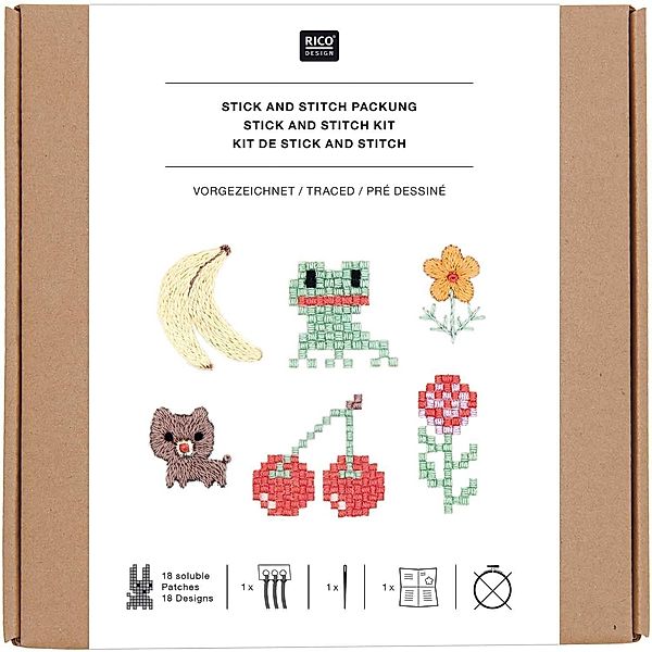 Stick & Stitch Packung Pixel Art Mix, inkl. wasserlöslicher Stickvorlage, inkl. wasserlöslicher, bedruckter Stickvorlage, Stickgar