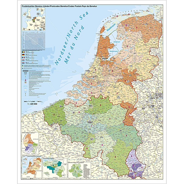 Stiefel Wandkarte Großformat Benelux-Länder, Postleitzahlen, ohne Metallstäbe. Benelux, Postcodes. Pays du Benelux, Codes Postals