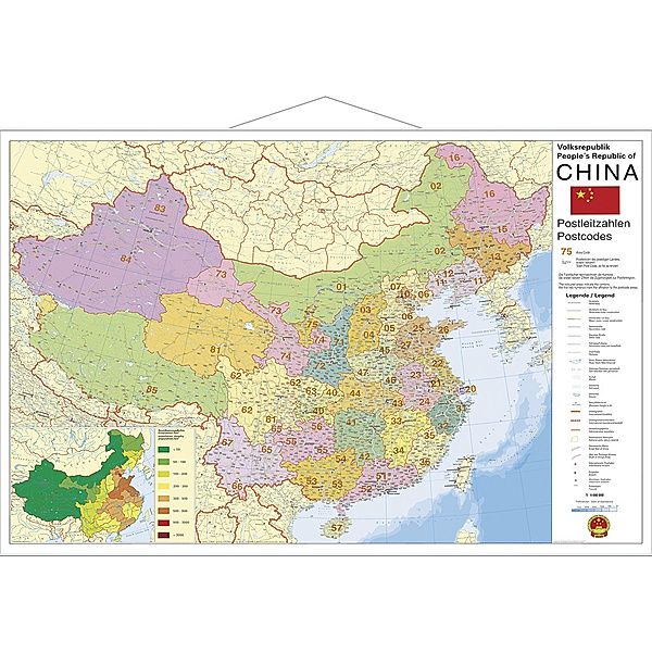 Stiefel Wandkarte Großformat China, Postleitzahlen, mit Metallstäben