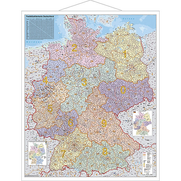 Stiefel Wandkarte Grossformat Deutschland, Postleitzahlenkarte, mit Metallstäben