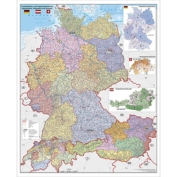 Stiefel Wandkarte Grossformat Deutschland, Österreich und Schweiz, Postleitzahlen- und Organisationskarte, ohne Metallstäbe