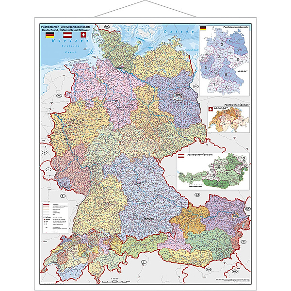 Stiefel Wandkarte Großformat Deutschland, Österreich und Schweiz, Postleitzahlen- und Organisationskarte, mit Metallstäben